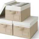 GRANNY SAYS Storage Basket with Lid, Linen Fabric Storage Bins with Label, Decorative Storage Boxes, Clothes Storage and Organization, Memory Keepsake Box, 3-Pack, Medium, Khaki&Ivory