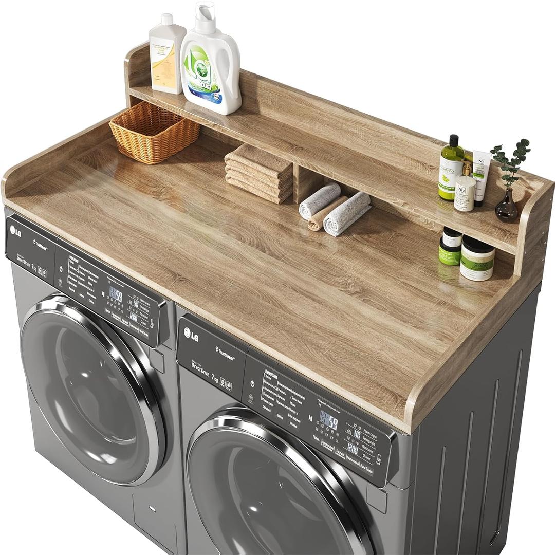 2-Tier Washer and Dryer Countertop with 2.75" H Guard,54" W x 27.5" D Laundry Countertop Cover with Non-Slip Pad,Large Space Laundry Topper for Folding Clothes Over Washer and Dryer-White Oak, Standard-2 Tier