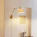 Gold Dimmable Plug in Wall Sconces Set of 2 with Swing Arm, Hand Woven Rattan Wall Sonce Light Fixture, Vintage Bedside Wall Mounted Lamp for Bedroom Living Room Home Office