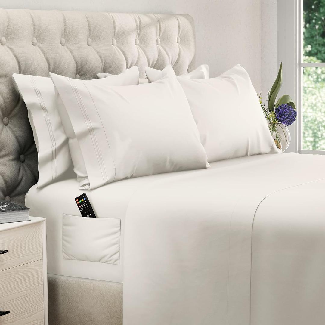 DREAMCARE King Size Sheets Set - 6 pcs Breathable Cooling Bed Sheets - up to 15" Deep Pocket King Sheet Set with Side Pockets - Extra Soft 100% Brushed Hypoallergenic Hotel Luxury Bedding - Ivory