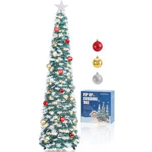 5 FT Pop Up Christmas Tree with Timer Lights and Decorations, Green Tinsel Artificial Christmas Tree with 24 Balls Ornaments, Collapsible Pencil Tree for Xmas Home Office Party Decor