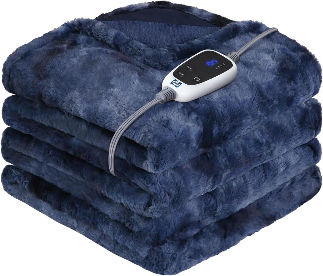Sealy Electric Blanket Heated Throw, Faux Fur Heating Blanket with 6 Heat Settings & 2-10 Hours Auto Shut Off, Fast Heating & ETL Certification, 50x60 Inch, Navy Blue (Indigo)