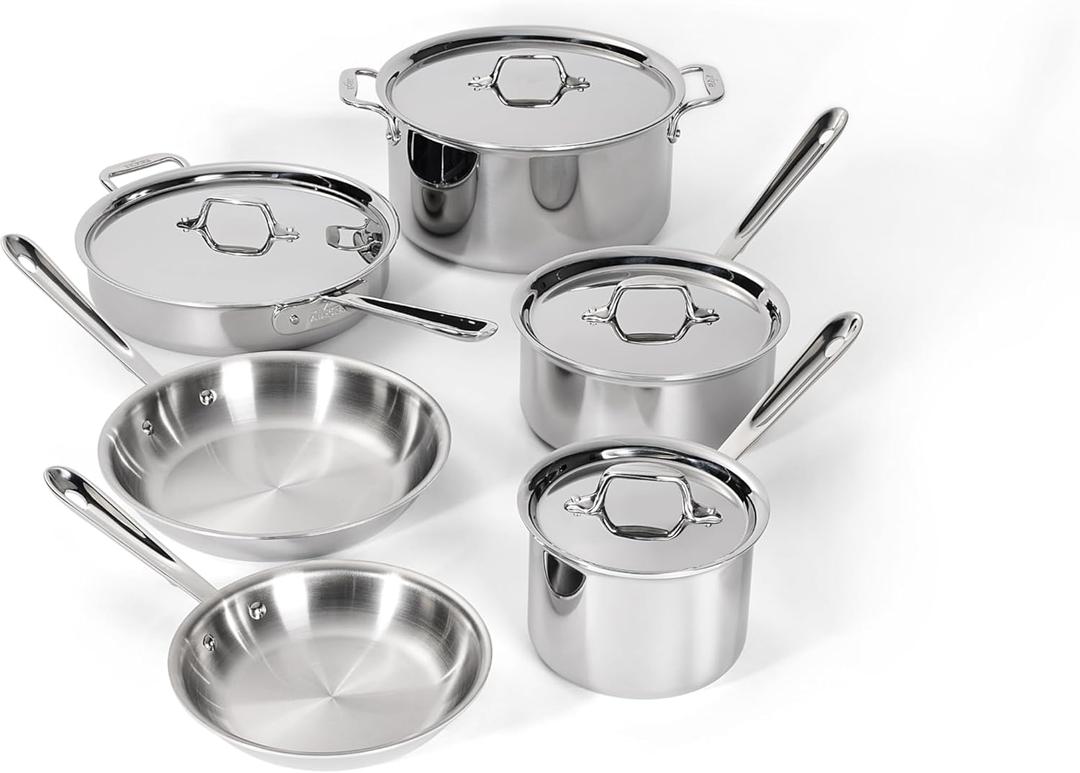 All-Clad D3 Stainless Steel 10 Piece Cookware Set- Made in USA- Includes Frying Pans, Saucepan, Sautpan, Stockpot - Professional Grade -Oven Safe & Induction Compatible