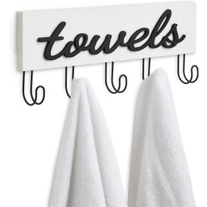 Mkono Towel Holder Wall Mounted Towel Rack Bathroom Decor Rustic White Wood Towel Hooks to Hang Towels Bathroom Robe Coat Clothing, Bath Towel Hanger Storage Home Decor Organizer,Small