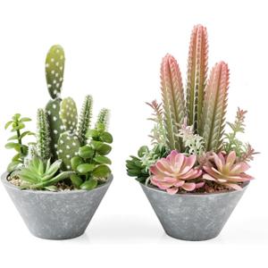 2-Pack Artificial Succulent Plants in Vintage Plastic Pots - Waterproof Fake Plants Decor for Home Office Desk - Low Maintenance Indoor Greenery for Bathroom, Shelf & Table