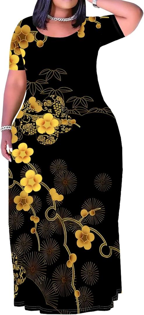 PinkPatty Plus Size Maxi Dress for Women Summer Casual Short Sleeve Tshirt Dresses with Pockets (XL-6XL) (A - Print#1, XL)