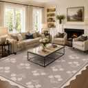 8x10 Scalloped Easy Jute Area Rug, Vintage Tan Neutral Floral Washable Non-Slip Indoor Outdoor Carpet, Farmhouse Rug for Living Room Bedroom Entryway Kitchen Patio