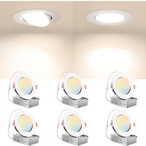 Amico 6 Pack 4 Inch 5CCT Gimbal LED Recessed Lighting, Directional Adjustable Ceiling Downlight, Angled Dimmable Canless Light with Jbox, 2700K-5000K Selectable, 10W=70W 800LM, ETL&FCC