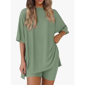 PRETTYGARDEN Women 2 Piece Lounge Set 2026 Summer Casual Oversized Shirts Biker Shorts Matching Airport Travel Outfit Clothes Size XL