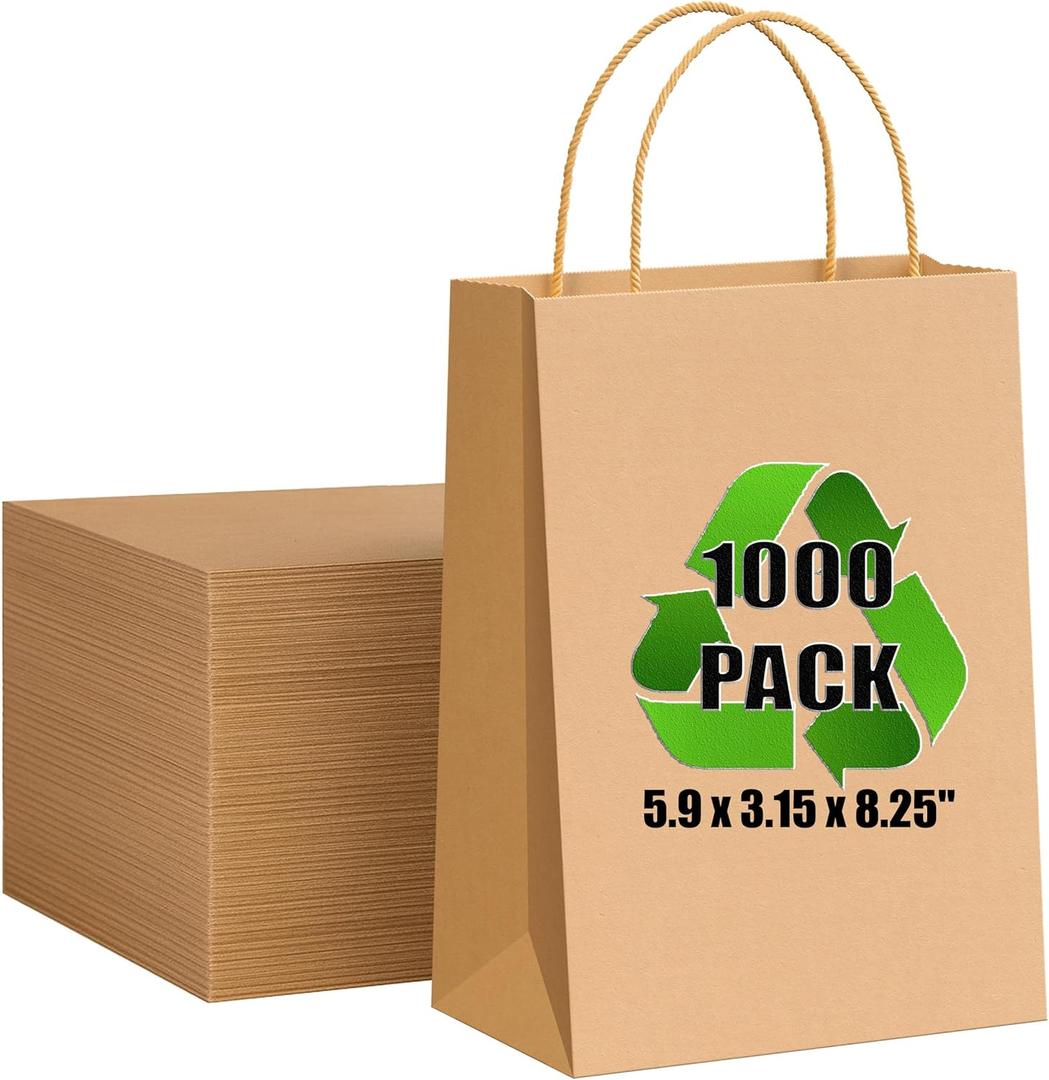 baxwel Paper Gift Bags Bulk of 5.9x3.15x8.25 210 Pcs, Brown Kraft Paper Bags with Handles for Small Business, Heavy Duty Bulk, for Birthday Party Favors, Shopping, Retail (1 Count (Pack of 1000))