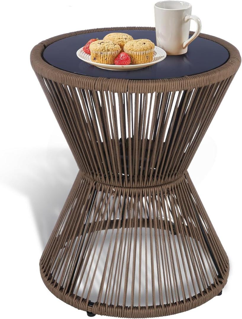 SUNNYPARK Outdoor Side Table 20'' H Small End Tables Woven Rope Weather Resistant with Glass Top Round Coffee Table for Indoor Balcony Patio Poolside (Brown)