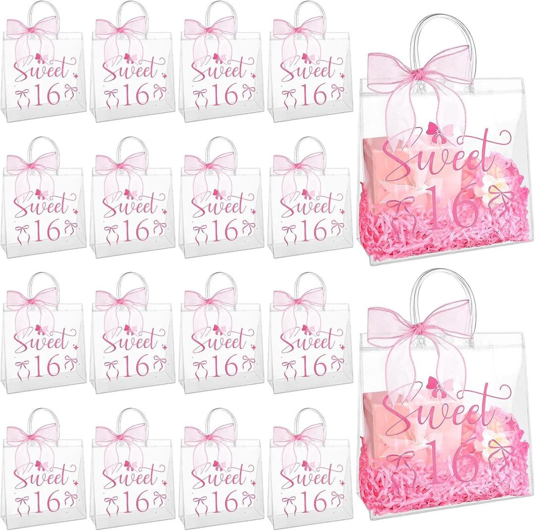 FIONUPI 25 Pcs Sweet 16th Birthday Gifts Bag for Girls 16th Party Pink Clear Gifts Bags with Handles and Bow Ribbons for Daughter Sixteen Birthday Party Favors for Guests