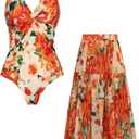 GRACE KARIN Women's One Piece Swimsuits with Cover Up Skirt Tummy Control V Neck Bathing Suits Orange Floral, Small