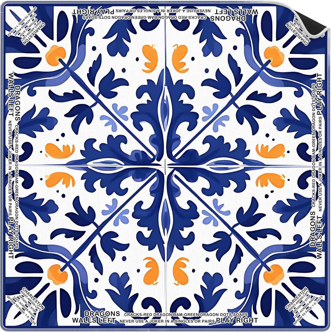 Mediterranean Blue Mahjong Mat 31.5 x 31.5 In, Vintage Blue and Orange Tile Mahjong Mat for Table, Non-Slip Noise Reduction Game Table Cover for Card Poker Dominoes Dice and Board Games, 31.5 x 31.5 x 0.08 inches
