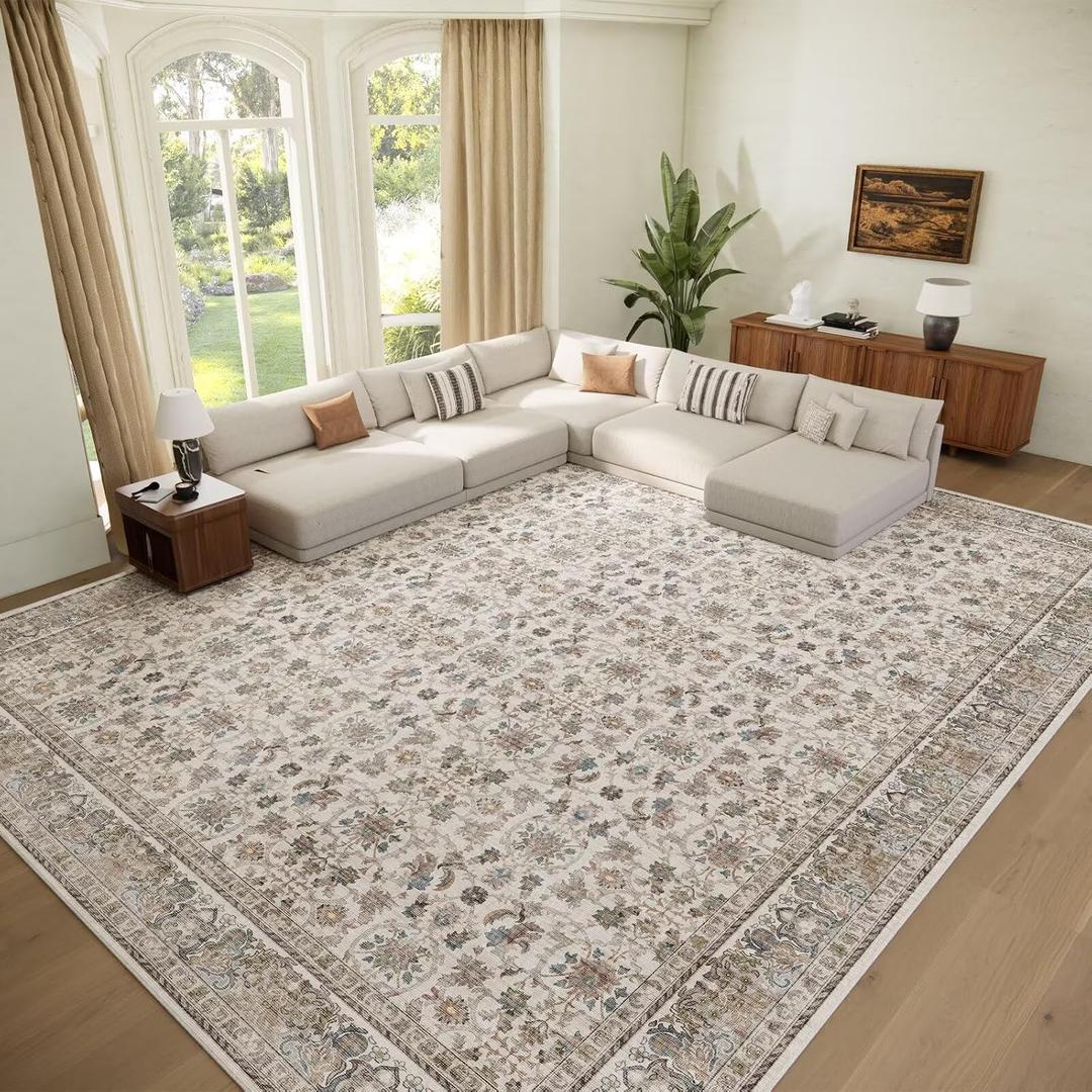 Washable 10x14 Area Rugs for Living Room, Boho Non-Slip Vintage Distress Large Rugs for Bedroom Dining Room Office, 0.3" Neutral Oriental Throw Thin Carpet,Cream/Blue/Orange/Multi,A2