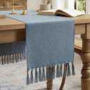 Linen Style Rustic Table Runner, Farmhouse Cotton Linen Table Runner, Boho Table Runners 60 Inches Long with Hand Tassels for Home Tabletop Decor and Everyday Use - Dusty Blue, 60 Inch