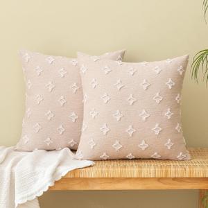 EMEMA Decorative Throw Pillow Covers Rhombic Jacquard Pillowcase Cushion Case Square for Couch Sofa Bed Living Room Bedroom Set of 2, 18x18 Inch, Beige
