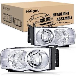 Nilight 2002 2003 2004 2005 Ram 1500 2500 3500 Headlight Assembly Chrome Housing Clear Corner Clear Lens Headlamp Replacement Driver and Passenger Side 2 Pack