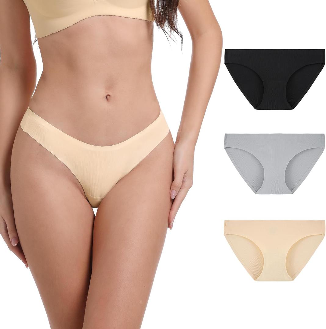 INNERSY Seamless Underwear for Women Hipster No Show Bikini Invisible Panties 3-Pack (Medium, Shadow Grey)