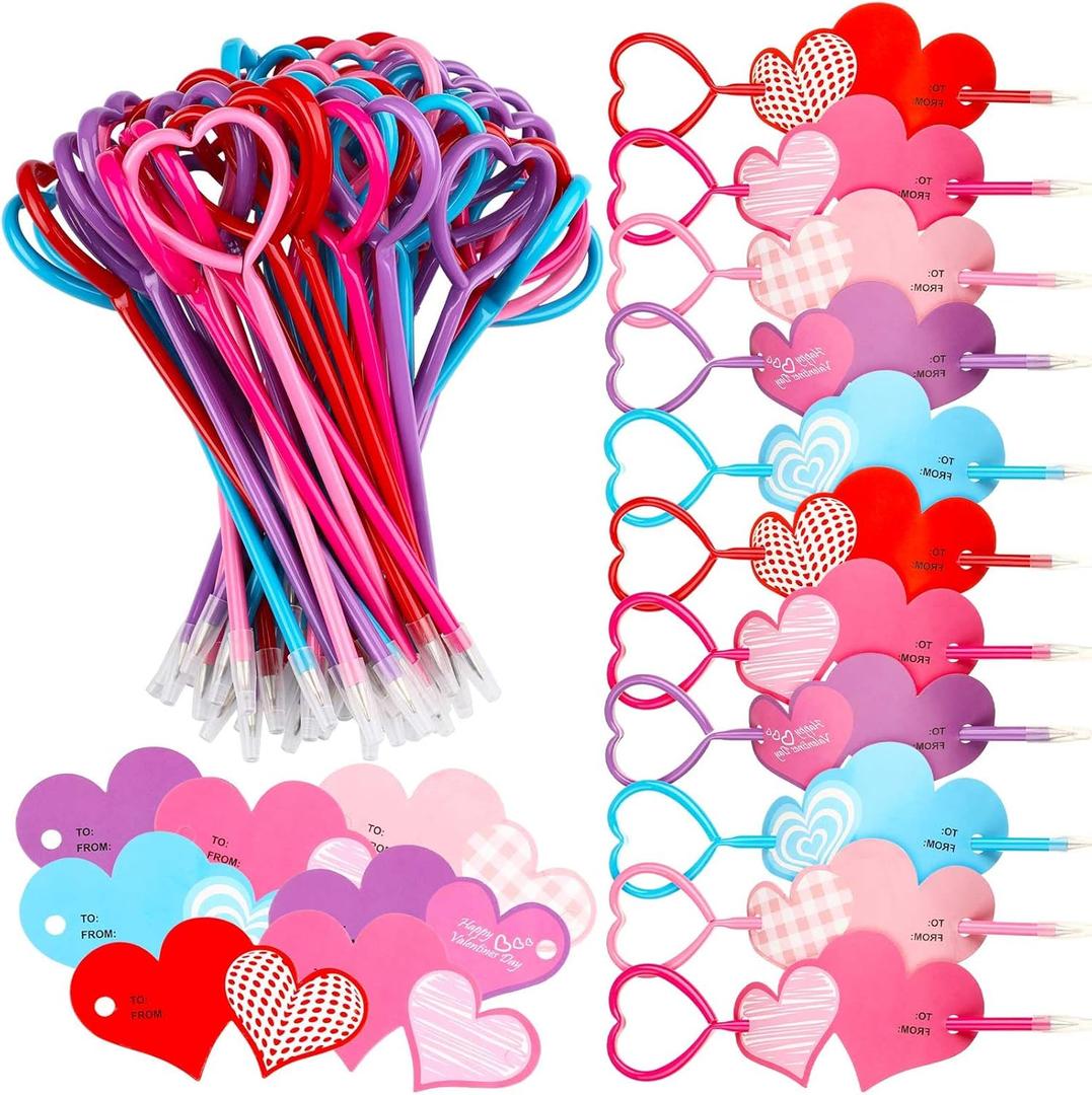 Fainne 150 Sets Valentine's Day Heart Pens Valentine Party Favor Heart Ballpoint Pens with Greeting Cards Set for Exchange Prizes Gift Party Favors Office Supplies