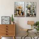 Farmhouse Daisy Floral Canvas Wall art Vintage Rustic Painting Prints Country Flower Still Life Botanical Wall Decor Rust Color Watering Can Poster Picture for Bathroom Living Bedroom Wood Framed