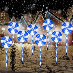 Ganeen 8 Pack 25.6" Lollipop Christmas Pathway Lights Outdoor Candy Pathway Markers Christmas Decorations with 8 Lighting Mode String Lights Plugin for Yard Lawn Walkway(Blue)