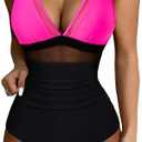 SUUKSESS Women Sexy Mesh Tummy Control Swimsuit Push Up High Waisted Bathing Suit  (Hot Pink Black, 2XL)