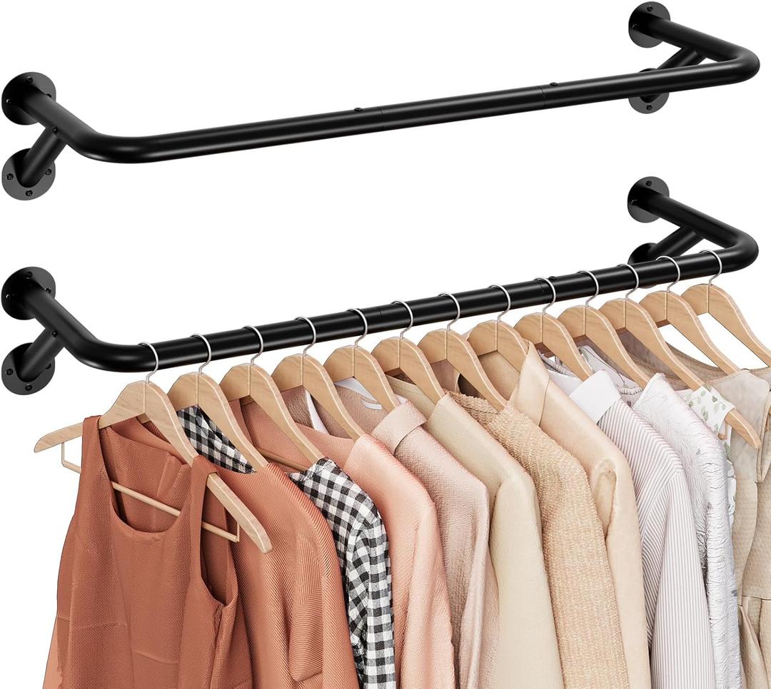 Sakugi Pipe Clothing Rack - 37.5" Clothing Racks for Hanging Clothes with Dual Flange Base, Multifunctional Wall Mounted Clothes Rack for Bedroom, Entryway, Balcony, Black, 2-Pack