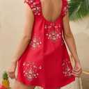 Linen Mini Cute Dress Women Floral Embroidered Dress with Crew Neck and Sleeveless Casual Guest Vintage Dresses (Red, M)
