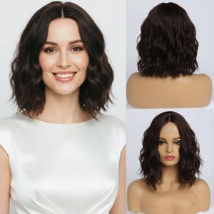simkaylee Dark Brown Wavy Wigs for Women 14 Inch Short Shoulder Length Middle Part Curly Wavy Bob Wig Natural Looking Synthetic Heat Resistant Fiber Wig for Daily Party Use
