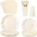 175 Pcs Ivory Paper Plates and Napkins Disposable Tableware for 25 Guests Include Scalloped 9" & 7" Plates Napkins Cups Forks Knives Spoons for Wedding Bridal Baby Shower Birthday Party