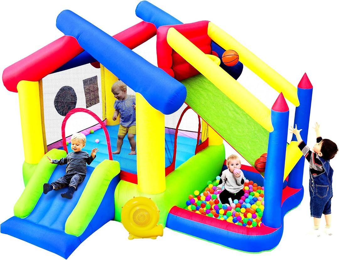 WELLFUNTIME Inflatable Bounce House with Slide, Bouncy Castle & Jumping Castle with Blower, Ball Pool, Basketball Game & Dart Target Game, 134 X 116 X 95 Inches