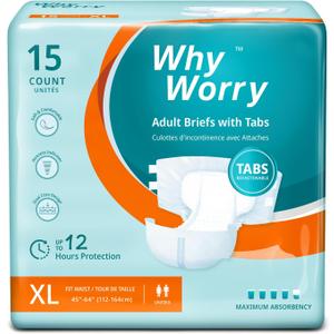 WhyWorry Adult Diapers with Tabs, Disposable Incontinence Briefs for Women & Men with Maximum Absorbency, Adult Briefs for Incontinence Overnight, Odor Control, Unisex, XLarge, 15 Count