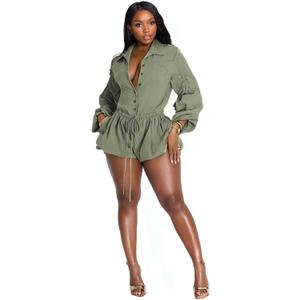 Famnbro Womens Summer Rompers Long Sleeve V Neck Drawstring Bubble Short Cute Jumpsuit One Piece Club Outfits (Large, Grey)