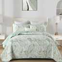 WONGS BEDDING Boho Quilt Set King,Sage Green Paisley Floral Pattern Bedspread Coverlet Set with 2 Pillowcases,Lightweight Microfiber Bohemian Quilt Bedding Set 104"90"