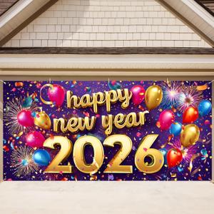 13x6Ft New Year Garage Door Banner 2026 - Gold "Happy New Year" Text with Colorful Balloons & Fireworks on Purple, Large Outdoor/Indoor Holiday Decor for New Year's Eve Party Backdrop