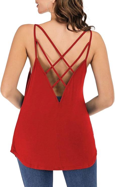 Women's Cute Criss Cross Back Tank Tops Loose Hollow Out Camisole Shirt (Large, Red)