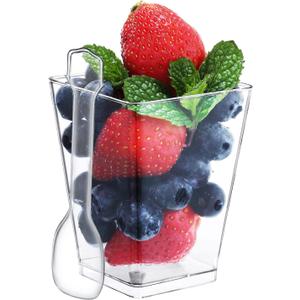 SHOPDAY 5 Oz-Plastic-Dessert-Cups: 120 Pack Square-Clear-Cups-with-Spoons, Parfait-Cups Appetizer-Cups Small-Plastic-Cups Mini Shooter-Cups for Party Yogurt Mousse, 120 Count