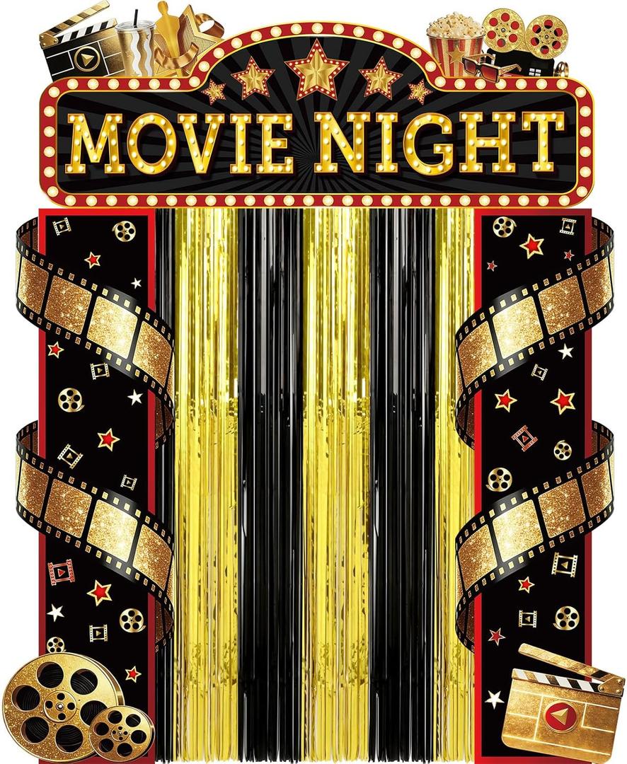 5Pcs Movie Night Porch Sign Banner with Black and Gold Foil Fringe Film Themed Backdrop VIP Entrance Photography Background Red Carpet Party Decoration for Graduation Home Outdoor Movie Party Supplies