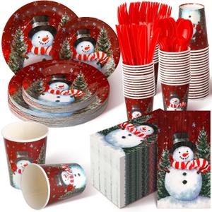 Sinmoe 400 Pcs Winter Dinnerware Set Disposable Winter Plates and Napkins Set Serve 50 Christmas Paper Dinner Plates Napkins Cup Christmas Party Supplies for Holiday(Red,Snowman)