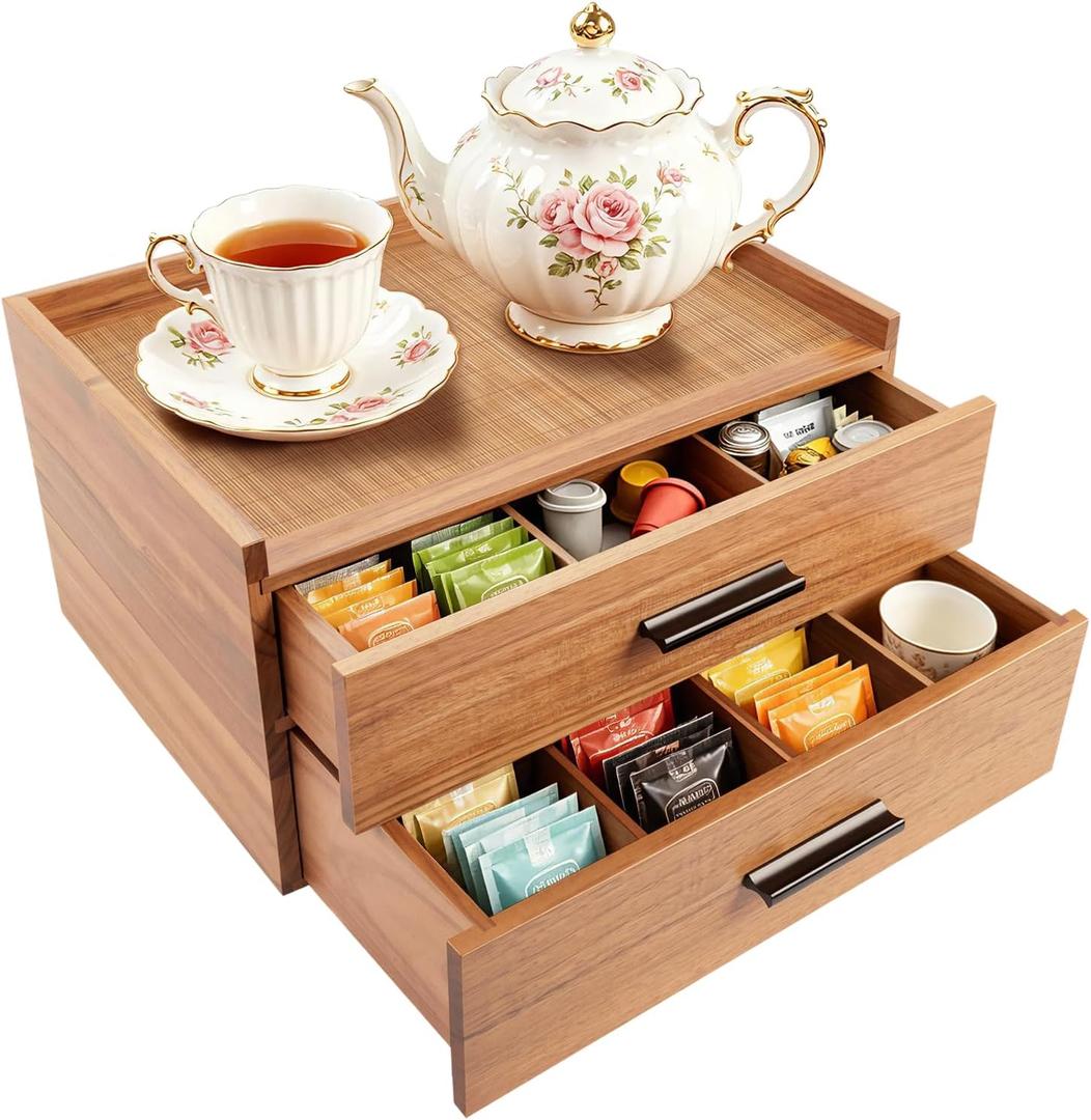 Wood Tea Bag Organizer with Double Drawer, 21-compartment Tea Bag Holder Container Boxes for Countertop, Tea Organizers and Storage Box for Desks, Cupboards and Living Rooms
