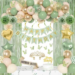 Ouddy Life Sage Green Birthday Party Decorations, Happy Birthday Banner Gold Heart Star Foil Balloons Paper Pompoms Fringe Curtain Cake Topper Crown, Neutral Birthdays Decorations for Women Girls