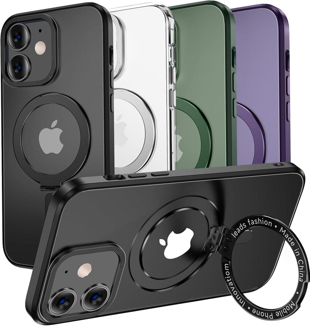 MAGIC JOHN for iPhone 11 Case[Compatible with Magsafe] [with Magnetic Metal Stand][Military Grade Shockproof][Anti Yellowing],Translucent Matte Back with Soft Edge,Black