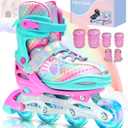 Sportneer 4 Size Adjustable Inline Skates for Girls, Kids Inline Skates Size 12C-9 with Light Up Wheels Roller Blade with Protective Gear Set for Kids Girls Women Beginners Indoor & Outdoor Use (Medium - Big Kid, Pink)