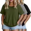 3 Pack Women's Plus Size Half Sleeve Shirts Crew Neck Irregular Hem Tops Loose Fit Cotton Casual Basic Tees (XX-Large, Black, Light Gray, Army Green)
