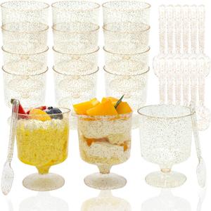 120 Pack Plastic Dessert Cups with Spoons 60 Pack Clear Yogurt Parfait Appetier Cup with Gold Glitter for Party Disposable Round Goblet Shooter for Ice Cream Pudding and Fruit