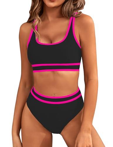 BMJL Women's High Waisted Bikini Sets Sporty Two Piece Swimsuit Color Block Cheeky High Cut Bathing Suits(S,Black Pink)
