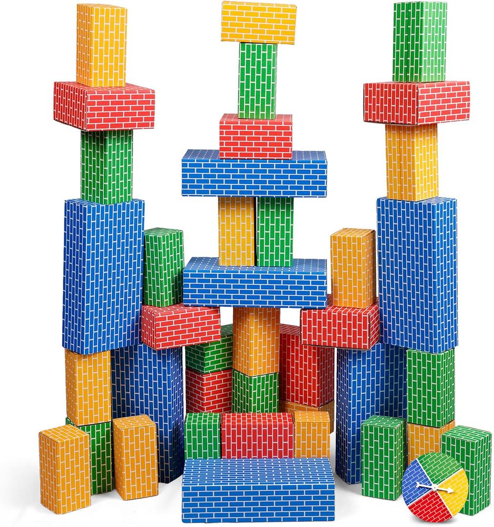 NATIONAL GEOGRAPHIC Kids Jumbo Cardboard Building Blocks  40 Heavy-Duty Bricks in 3 Sizes, Build & Learn with Game Spinner & Activity Cards for Kids 3+, Indoor Play Construction Toy for STEM Learning