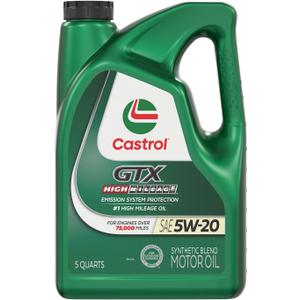 Castrol GTX High Mileage 5W-20 Synthetic Blend Motor Oil, 5 Quarts