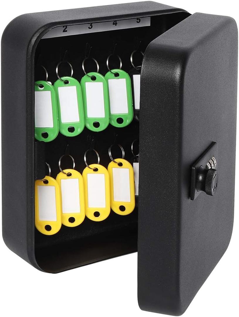 Decaller 20 Key Storage Lock Box with Code, Wall Mount Metal Security Key Cabinet with Combination Lock, 7.87" x 6.30" x 2.95", Black
